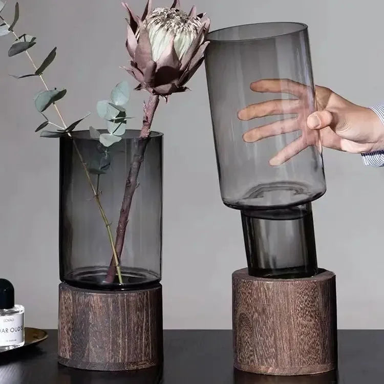 Vases Simple European Hydroponic Plant Household Living Room Table Inserted Flower Wood Base Transparent Glass Vase Home Decor