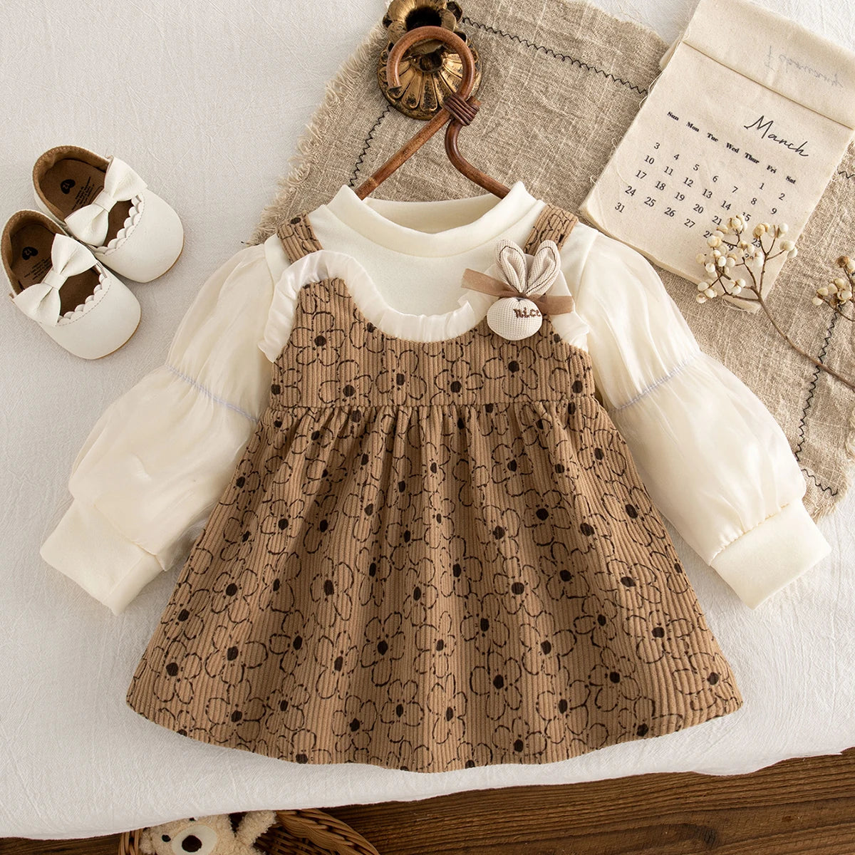 Baby Clothes Girl Spring And Autumn Cartoon Flower Pattern Long-Sleeved Fake Two-Piece Baby Dresses Cute Casual Girls Dress