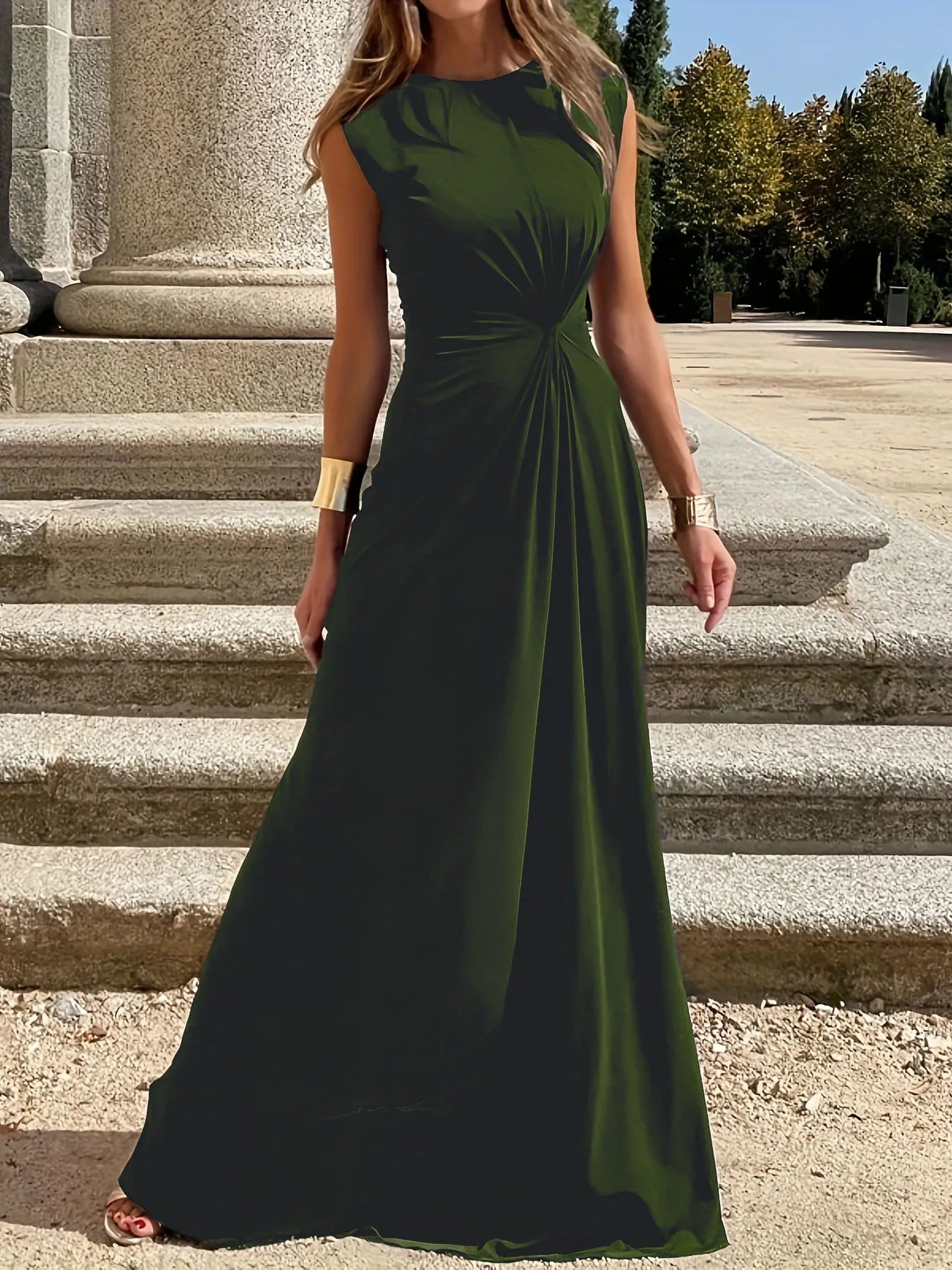 Women's clothing long dress fashionable casual outdoor temperament commuting waist cinching elegant round neck dress