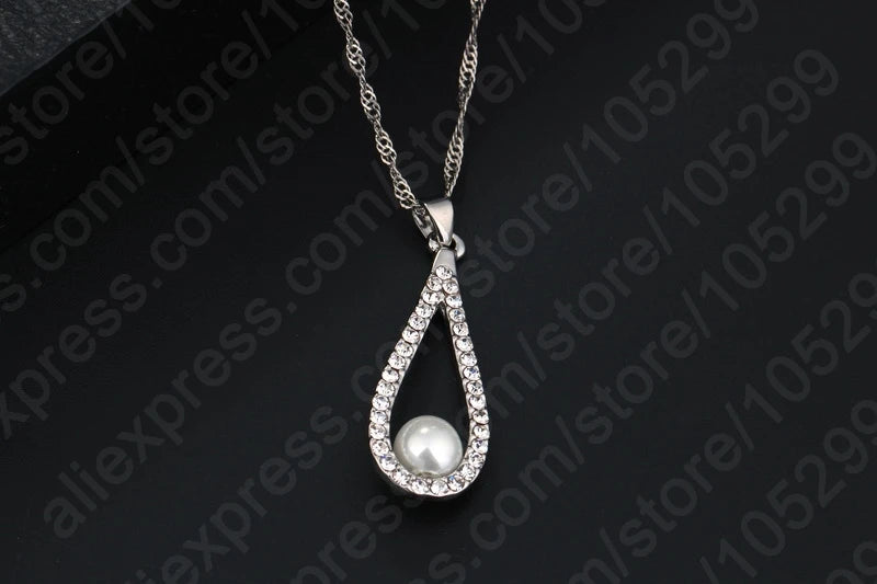 Fine 925 Sterling Silver Jewelry Sets Shiny Zircon Water Drop Pearl Pendant Necklaces Earring Set for Woman Wedding Gift