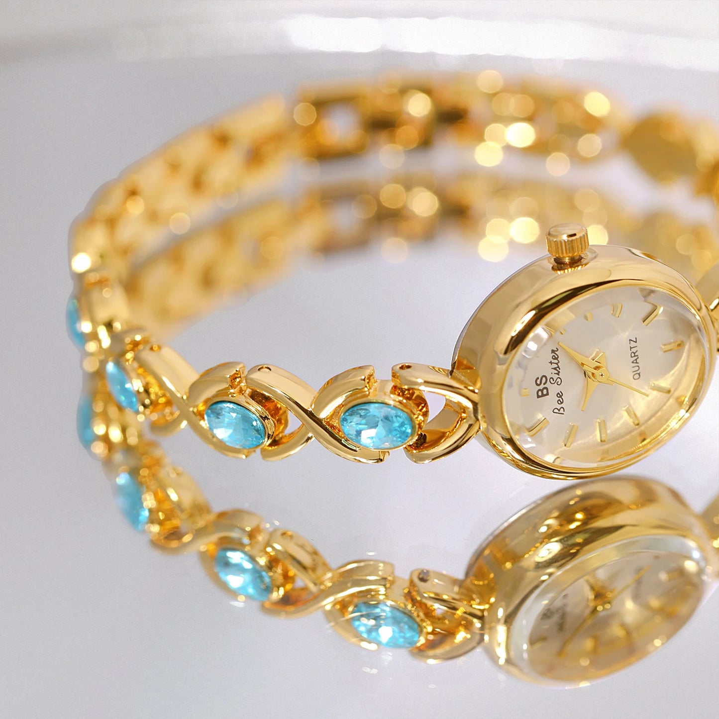 Blue Jewel Oval Bracelet Watch Luxury Crystal Quartz Watches For Woman Vintage Gold Silver Jade Wristwatch Gifts For Women