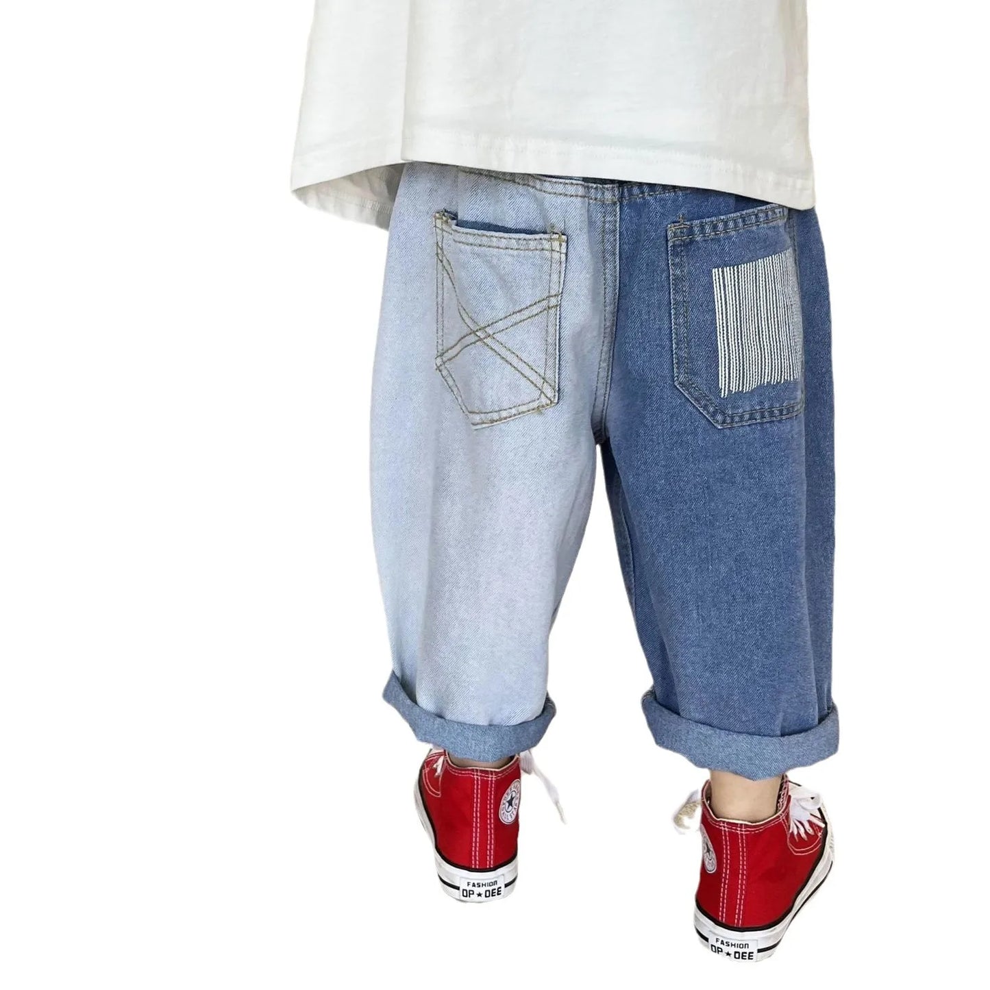Spring Autumn Infant Baby Boys Denim Pant Cotton Irregular Pockets Toddler Kid Boy Jeans Casual Spliced Contrast Little Boy Pant