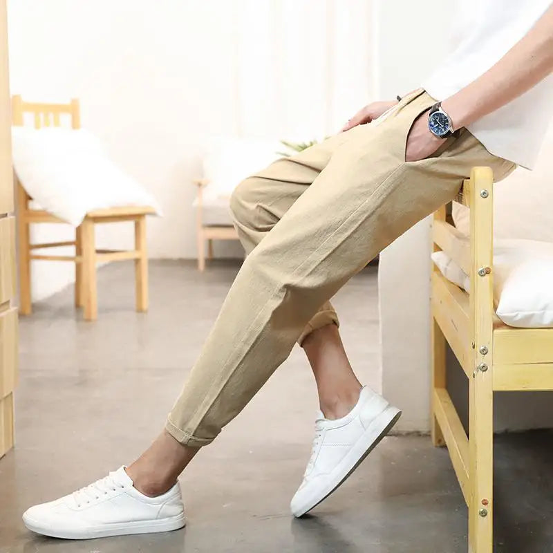 2025 Men's Cotton Linen Pants Male Summer New Breathable Solid Color Linen Trousers Fitness Streetwear Ankle Length Trousers 5XL