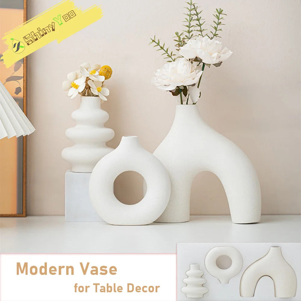White Vase Home Decor Set of 3 Modern Vase for Table Decor, Nordic Flower Ceramic Vases for Bookshelf, Entry Way, Dining Desk