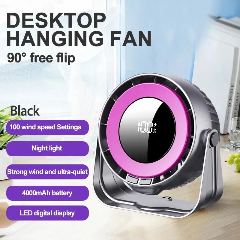 Multifunctional Electric Fan 100 Speed Strong Wind Wireless Wall Mount Cooling Fan LED Digital Display Night Light 4000mAh
