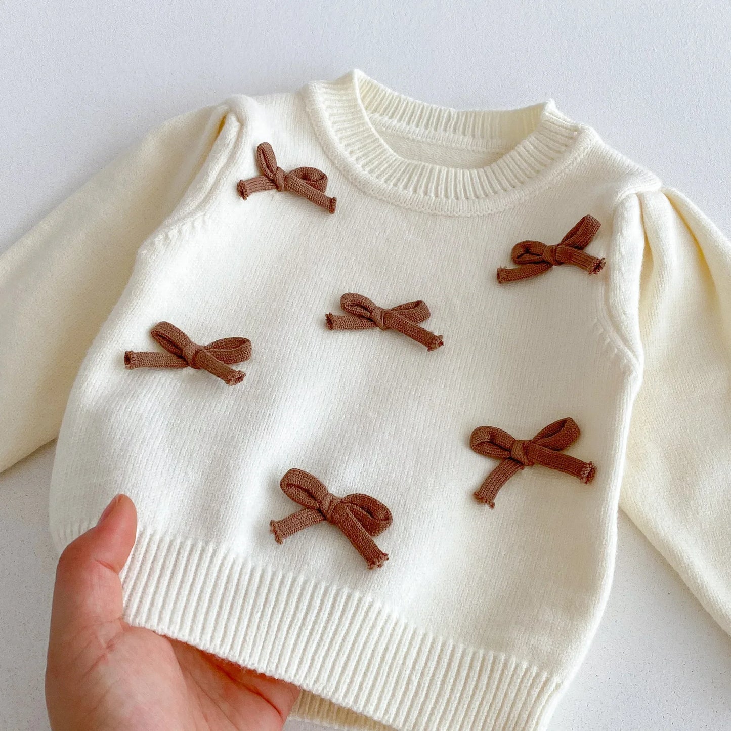 Baby Girl 3-Piece Knitted Outfit Set Autumn Cute Bowknot Cream Sweater + Brown Ruffle Flared Pants + Mini Bag Girls Clothing