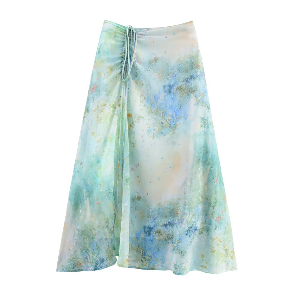 New women's clothing with European and American style fashion, simple, blended print, drawstring chiffon irregular skirt