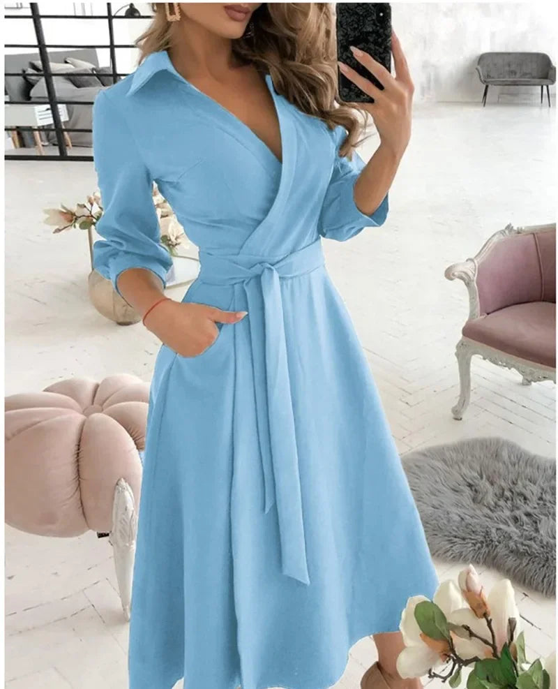 Women's Clothing Dress for Women Dress Spring Autumn Fashion Office Ruched Dress Long-sleeved V-neck Red Black Blue Bag Hip