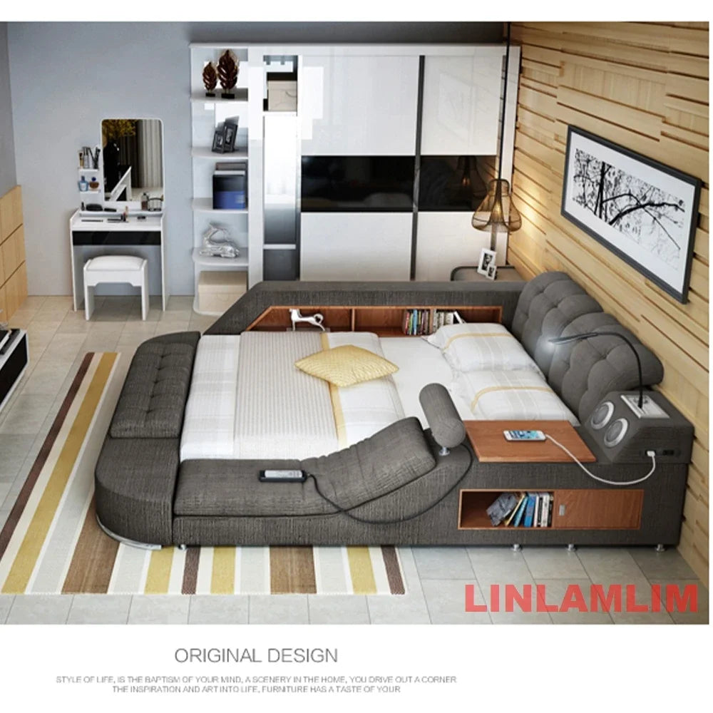 Tech Smart Bed Frame Multifunctional Massage Bed Ultimate Bed, Genuine Leather Tatami Upholstered Bed with Bluetooth Speaker