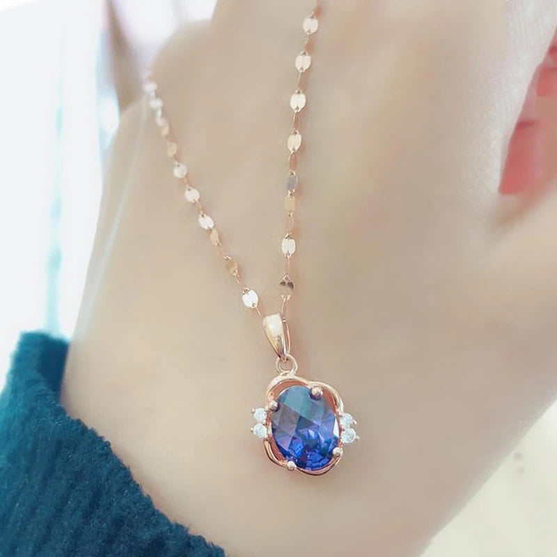Women's Jewelry 585 Purple Gold Inlaid Sapphire Oval Crystal Chains Woman Exquisite Elegant Charm 14K Rose Gold Pendant
