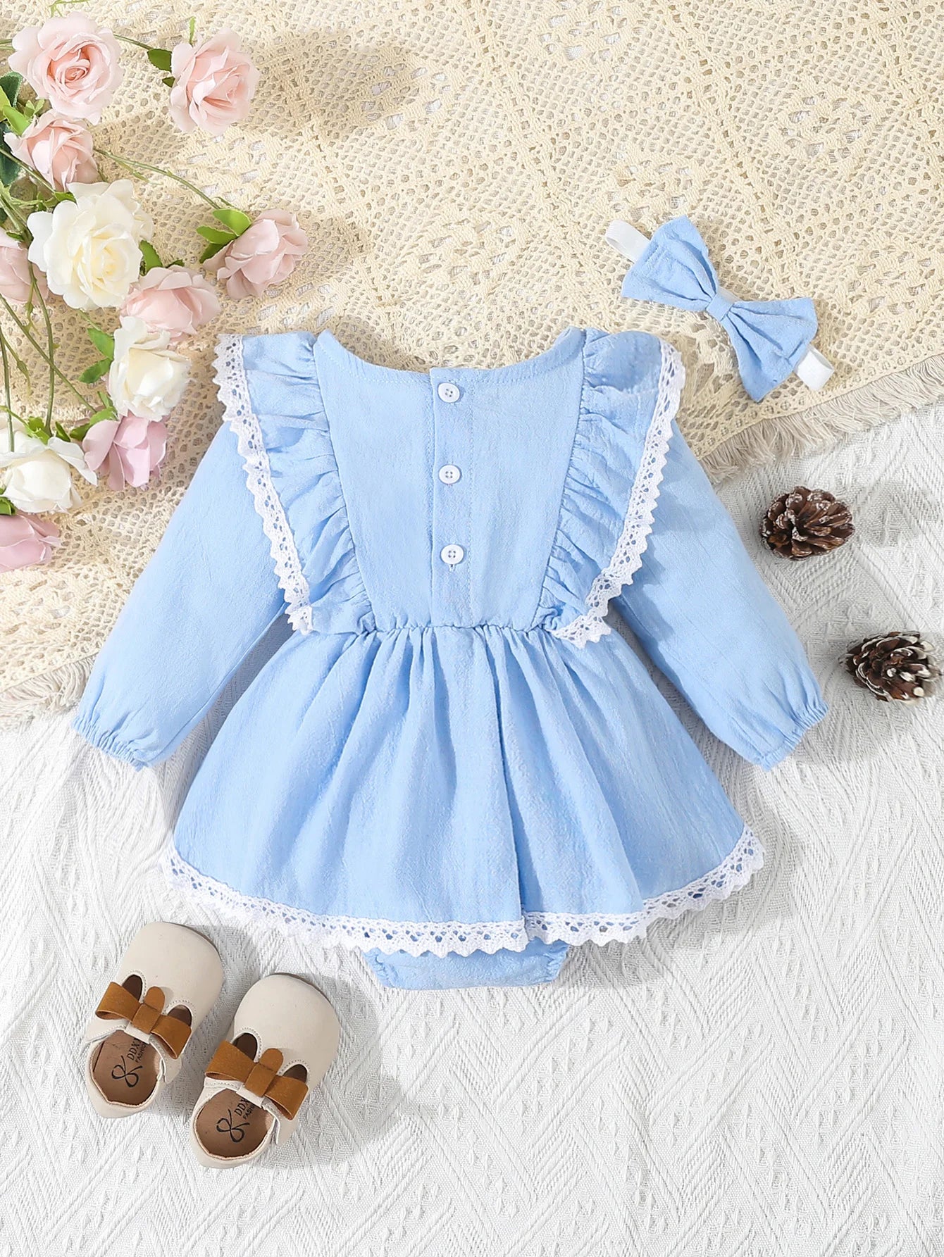 Baby Girl‘s Clothes 2Pcs Cute Lace Ruffled Long Sleeve Cotton Dress Headwear Toddler Girl's Clothing Outfit Set