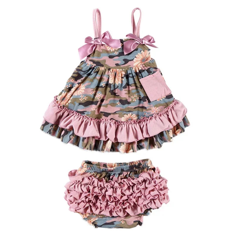 2025 New Born Baby Girl Clothes Baby Suit Overall Floral Clothes Set 3-24m Cotton Sleeveless Toddler Infant Ruffle Tops + Shorts