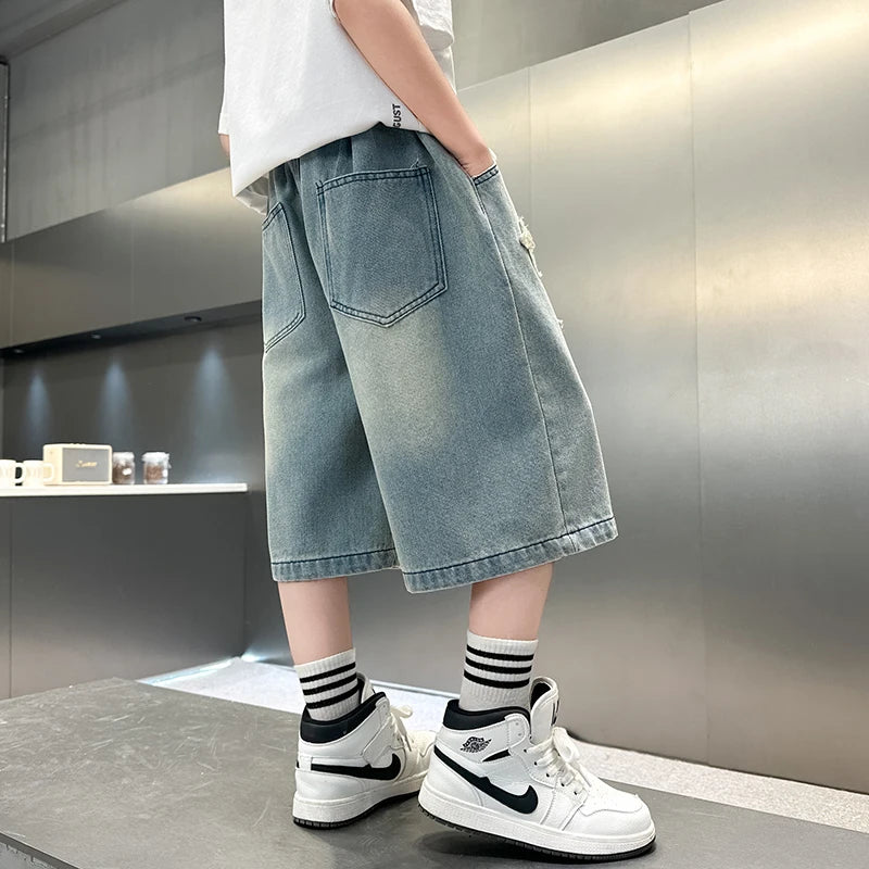 Boy Star Jeans 2025 Summer New Product Fashion Boys Denim Mid-Pants Children's Casual Cropped Pants 5-15 Years Old