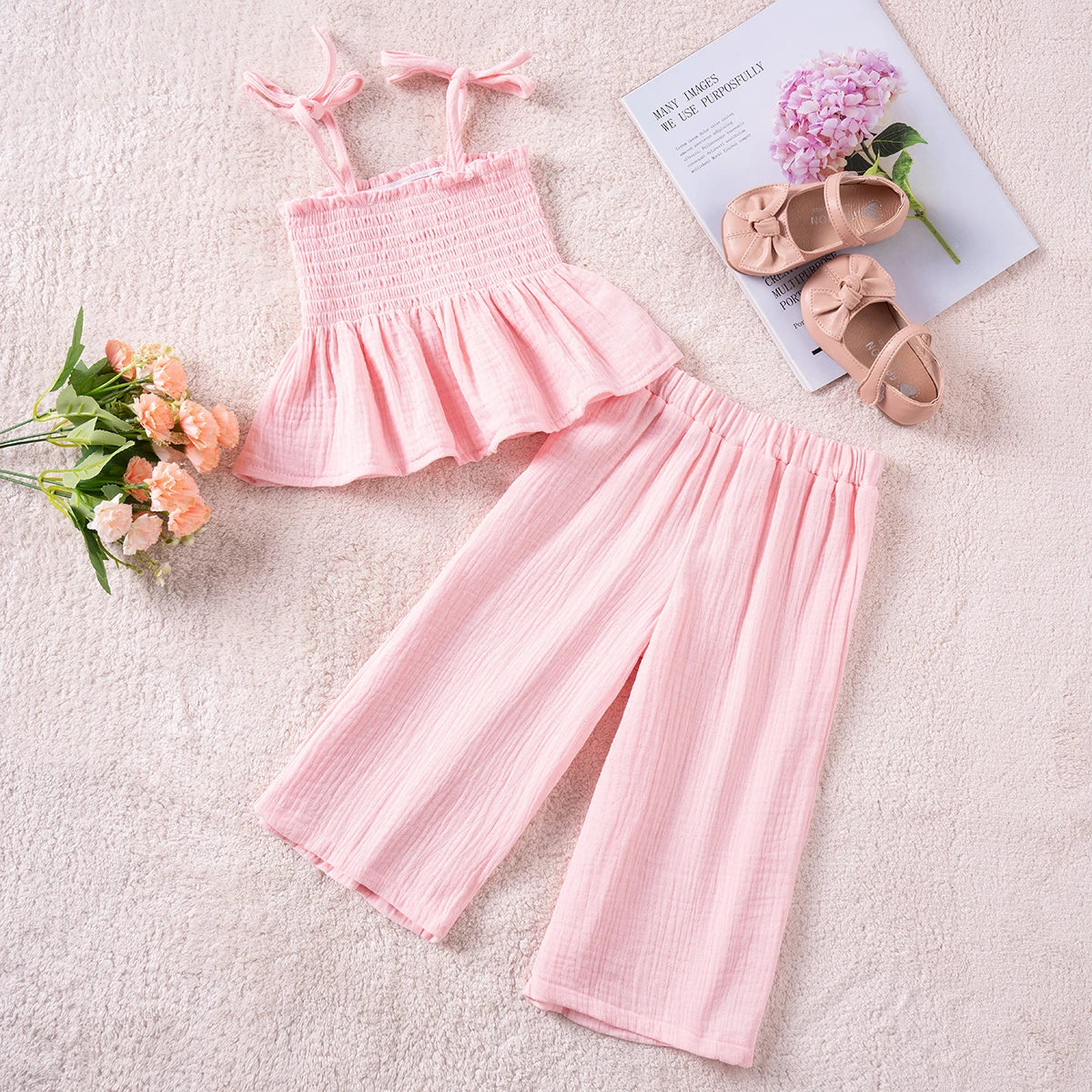 Baby Girl Muslin Cotton Sets Clothing for Girls Kids Newborn Item Summer Solid Color Sleveless Short + Wide Leg Pants Camisole