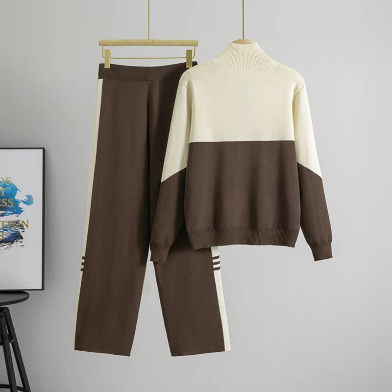 Womens Clothing 2 Pieces Set Casual Color Block Sports Suits Half High Collar Cardigan Sweater Trouser Tracksuit Women Clothing