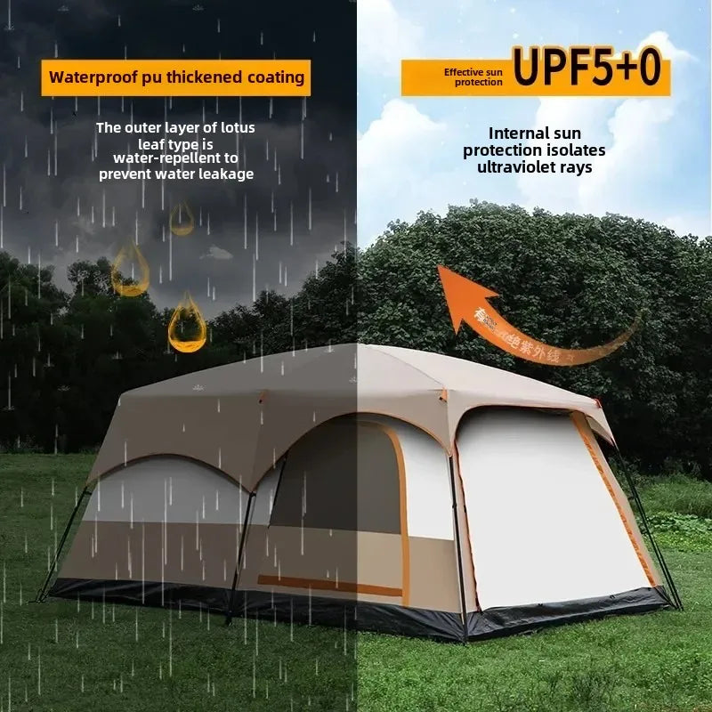 Outdoor Thick Rainproof Camping Tent, Travel 4-12P Double Layer Field, Luxury Large Camping Tent, 2 Bedrooms and 1 Hall