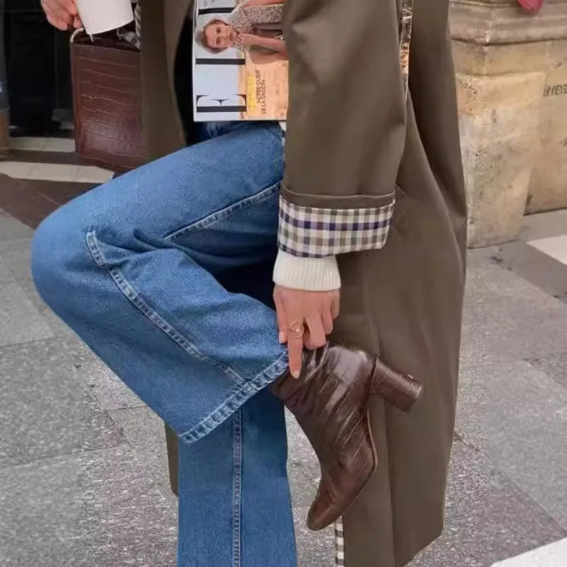 Women's clothing Long style Buttons Coat Outerwear New style Turn-down collar Loose fit Chic Commuter Trench coat Fashionable