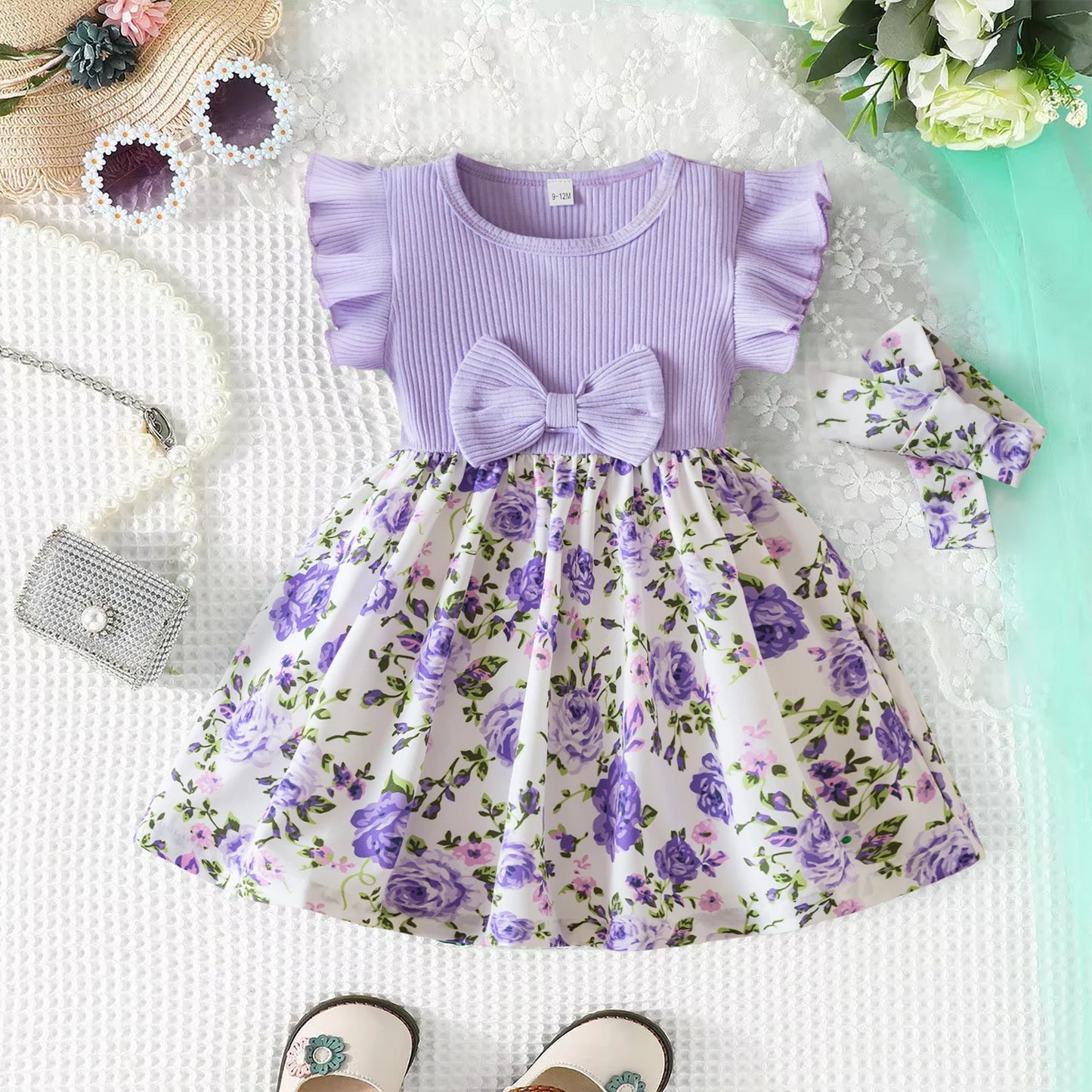 0-3 Years Baby Girl Clothes Summer Sleeveless Printed Dress Newborn Girl 1st Birthday Dress Ruffled Patchwork Dress and Headband