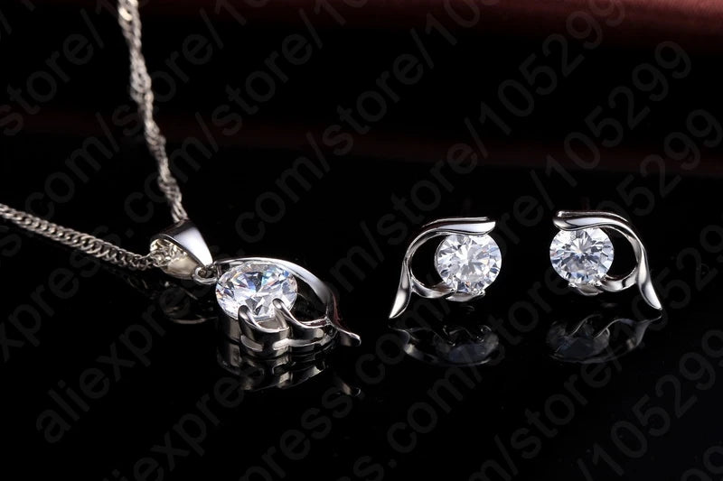 Latest Shinning Woman Gift 925 Sterling Silver Jewelry CZ Pendant Necklace Earring Lady Wedding Engagement Set With Box