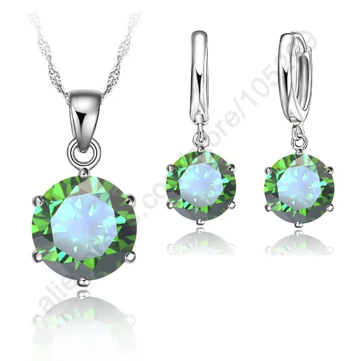 Woman Genuine 925 Sterling Silver Jewelry Sets Cubic Zircon Crystal Lever Back Earrings Pendant Necklace Nice Gifts 8MM Stone