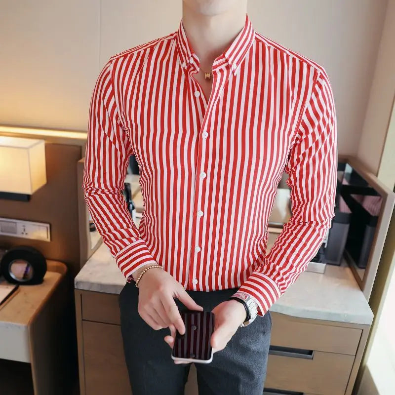 Men's Clothing Fashion British Style Striped Business Casual All Match Shirt Long Sleeve Slim No Ironing Tops Camisas De Hombre