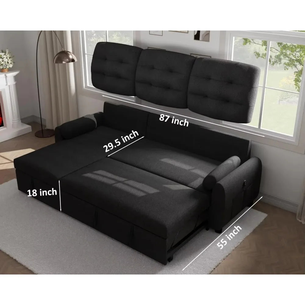 Living Room Sofa, Sectional Sofas, 87" Sleeper Sofa Bed with Side Pocket&Charging Station,Removable Backrest, Living Room Sofa