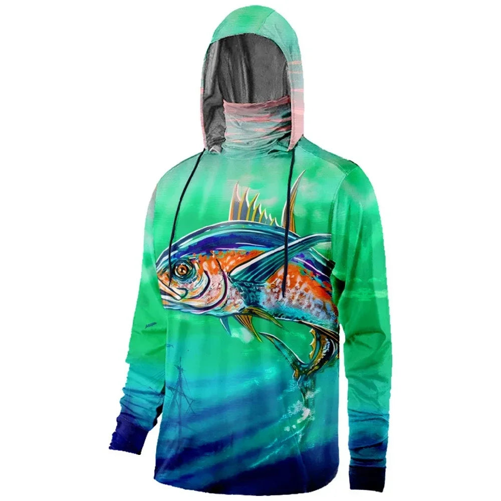 Mens Fishing Clothing Trout Tuna Water Waves Sunset Printed Sun Protection Face Mask Hoodies Outdoor Sports Breathable Clothes