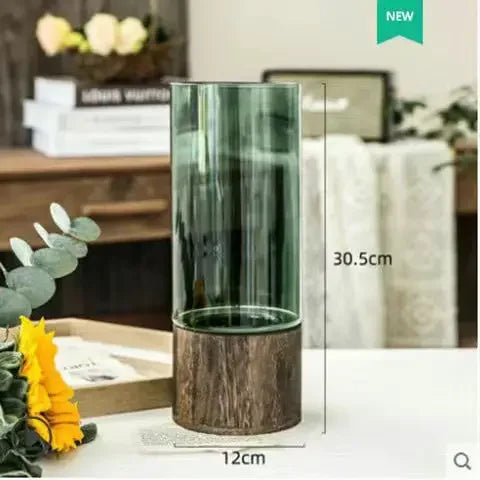 Vases Simple European Hydroponic Plant Household Living Room Table Inserted Flower Wood Base Transparent Glass Vase Home Decor