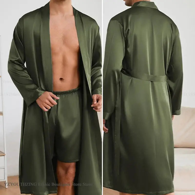 Men's Long Robe Pajama 2-Piece Set Silk Satin Kimono Bathrobe Gown Home Clothing Loose Casual Pijamas Suit Loungewear Sleepwear