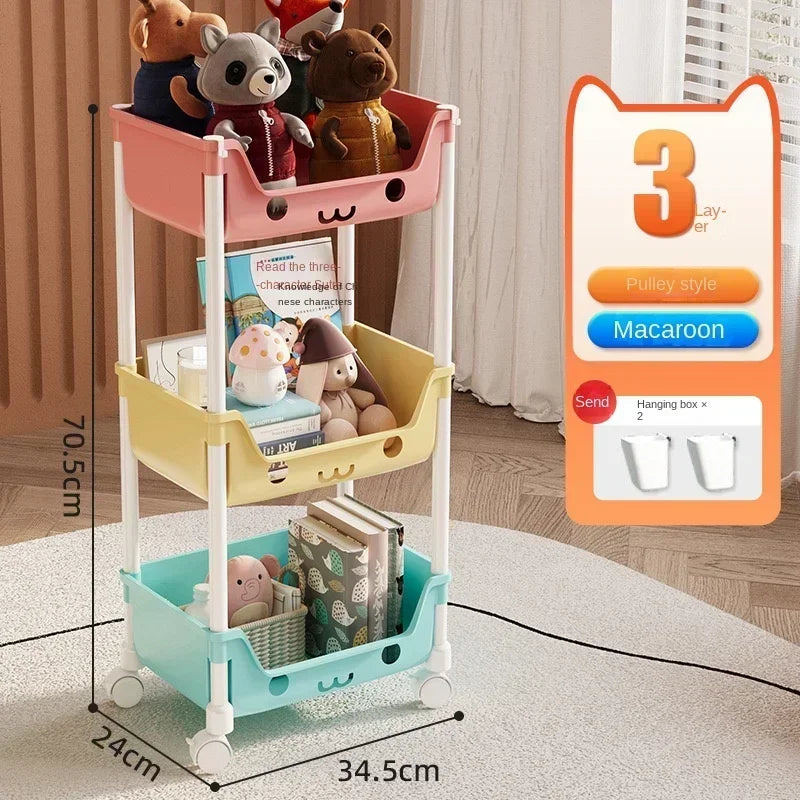 Household living room multi-layer cartoon smiley movable trolley floor shelves children's toys snacks book bags organizing rack