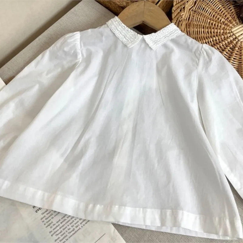 Fashion Baby Girl Princess Cotton Shirt Lace Collar Infant Toddler Child Blouses Outfit Spring Autumn White Baby Clothes 1-10Y