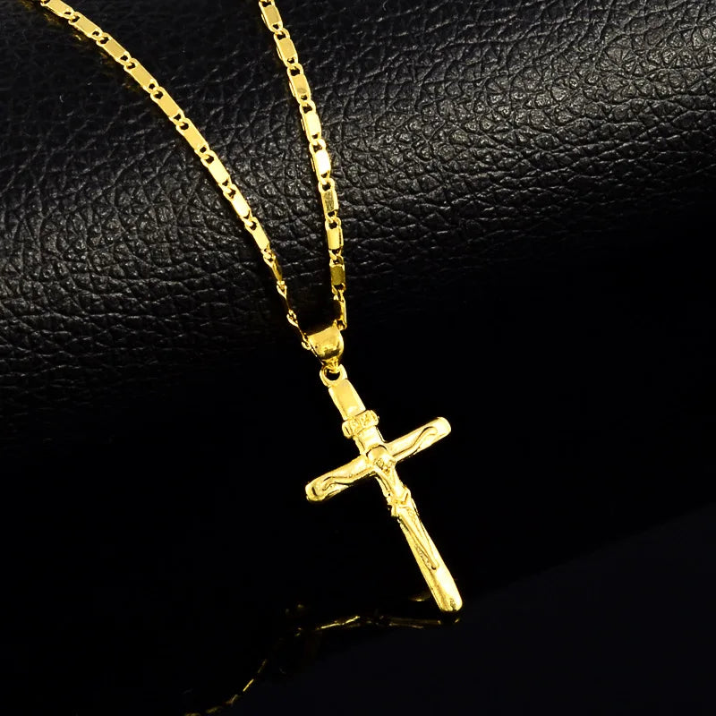 Women's 24K Gold (AU999) Stylish Cross Necklace | Gold-Inlaid Bead Cross, Hammered Space Texture with Rotatable Meteorite Charm
