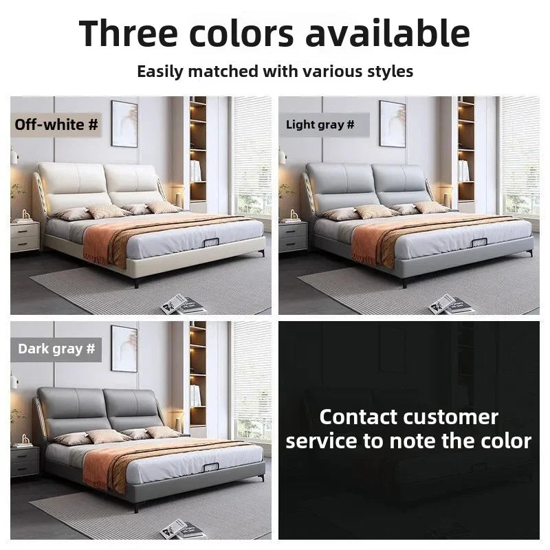 Light luxury soft leather bed with induction light strip Modern simple new master bedroom High-end atmosphere Minimalist leave-i