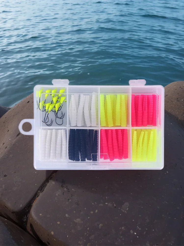 Trout Fishing Gear Kit Includes 70 Split Tail Grub Worms 10 Trout Hooks Trout Lure Kit for Seasonal Trout Crappie Panfish