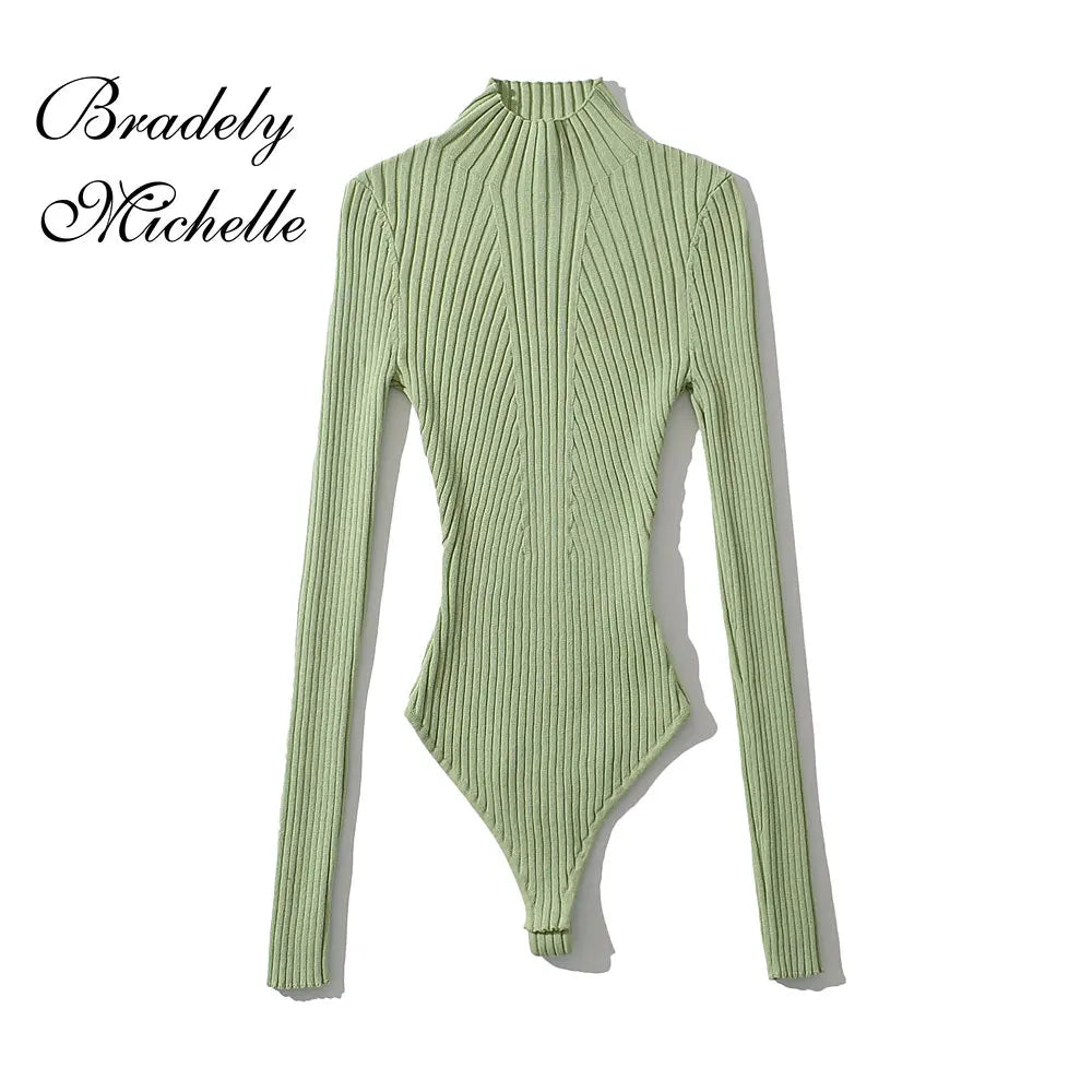 Women's Sexy Clothing Tops Stereo Texture Knit Solid Pullover High Collar Bodysuit Knitted High Strecth Jumpsuit Top