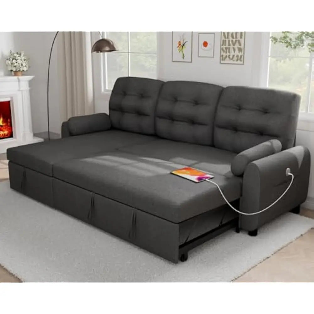Living Room Sofa, Sectional Sofas, 87" Sleeper Sofa Bed with Side Pocket&Charging Station,Removable Backrest, Living Room Sofa