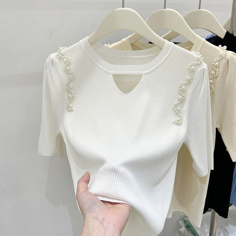 Women's Clothing Pretty Fashion T-Shirt Summer Hollow Out Knit Pearl Sleeve Short Tee Lady Versatile V-neck Sweet Spicy Wind Top