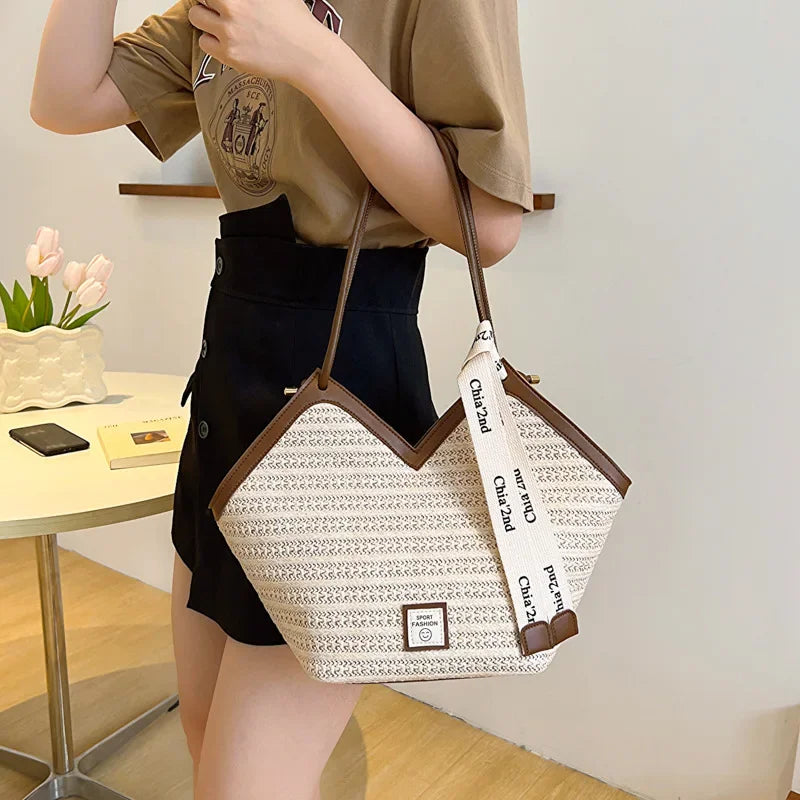 Women's shoulder bag large capacity tote bag women's retro hand straw woven bag everything shoulder woven bag commuting bag