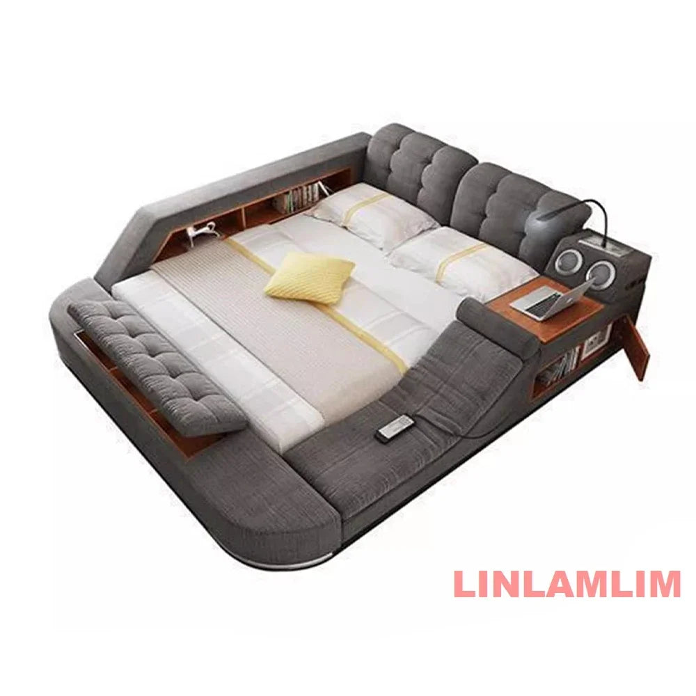 Tech Smart Bed Frame Multifunctional Massage Bed Ultimate Bed, Genuine Leather Tatami Upholstered Bed with Bluetooth Speaker