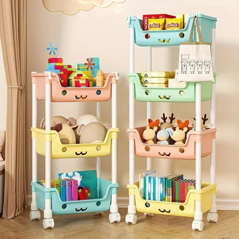 Household living room multi-layer cartoon smiley movable trolley floor shelves children's toys snacks book bags organizing rack