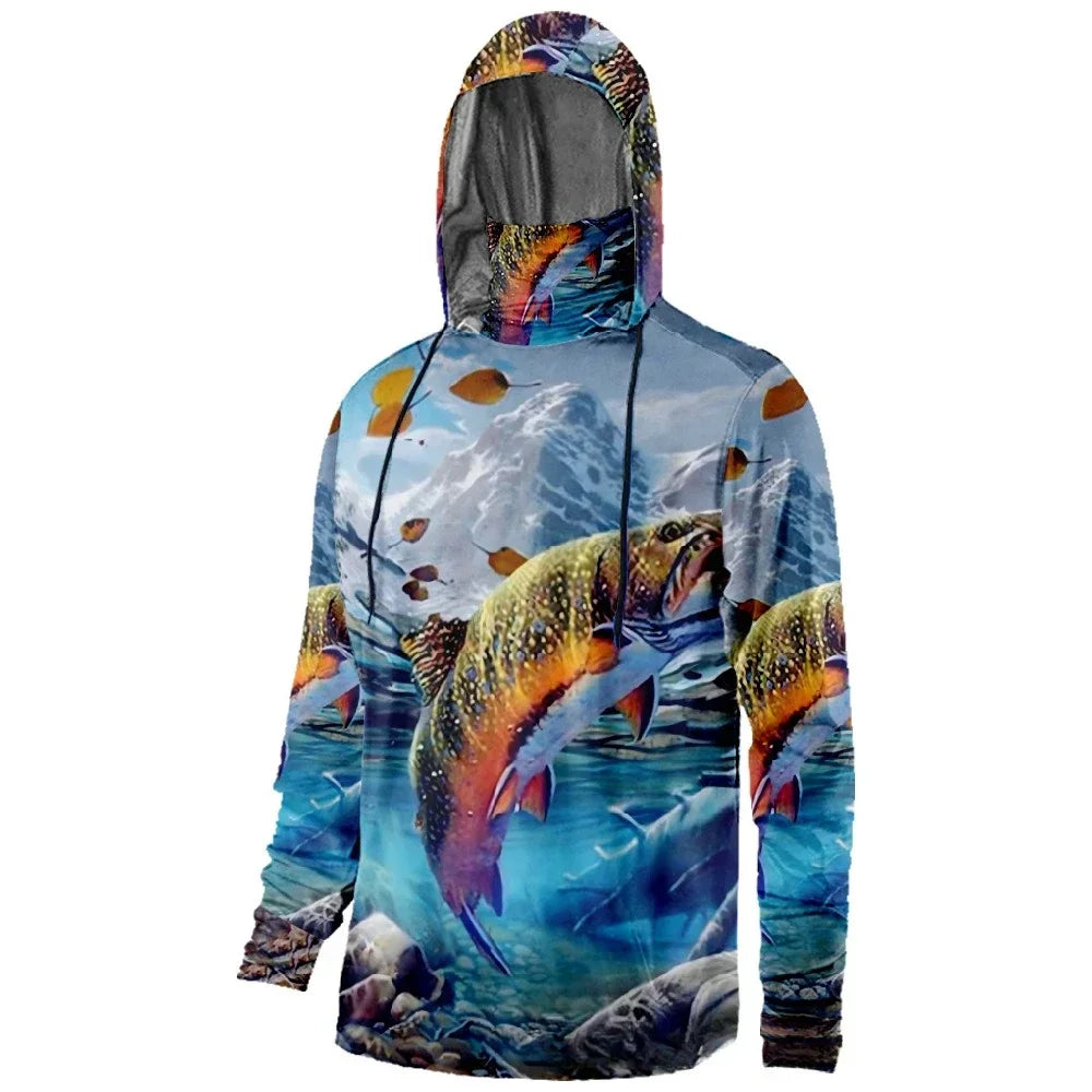 Mens Fishing Clothing Trout Tuna Water Waves Sunset Printed Sun Protection Face Mask Hoodies Outdoor Sports Breathable Clothes