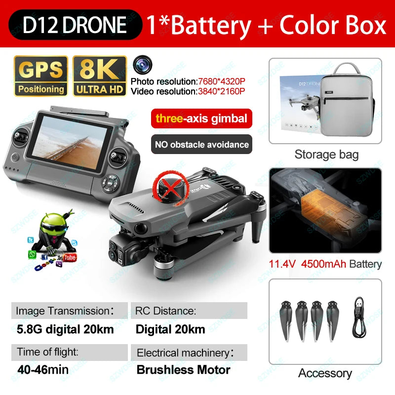 New D12 GPS Drone 3-Axis Gimbal With Touch Screen Profesional 8K HD Camera FPV Obstacle Avoidance Brushless Dron Toy For Adult
