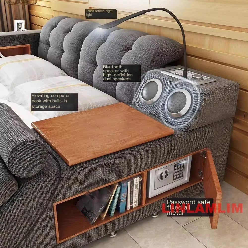 Tech Smart Bed Frame Multifunctional Massage Bed Ultimate Bed, Genuine Leather Tatami Upholstered Bed with Bluetooth Speaker