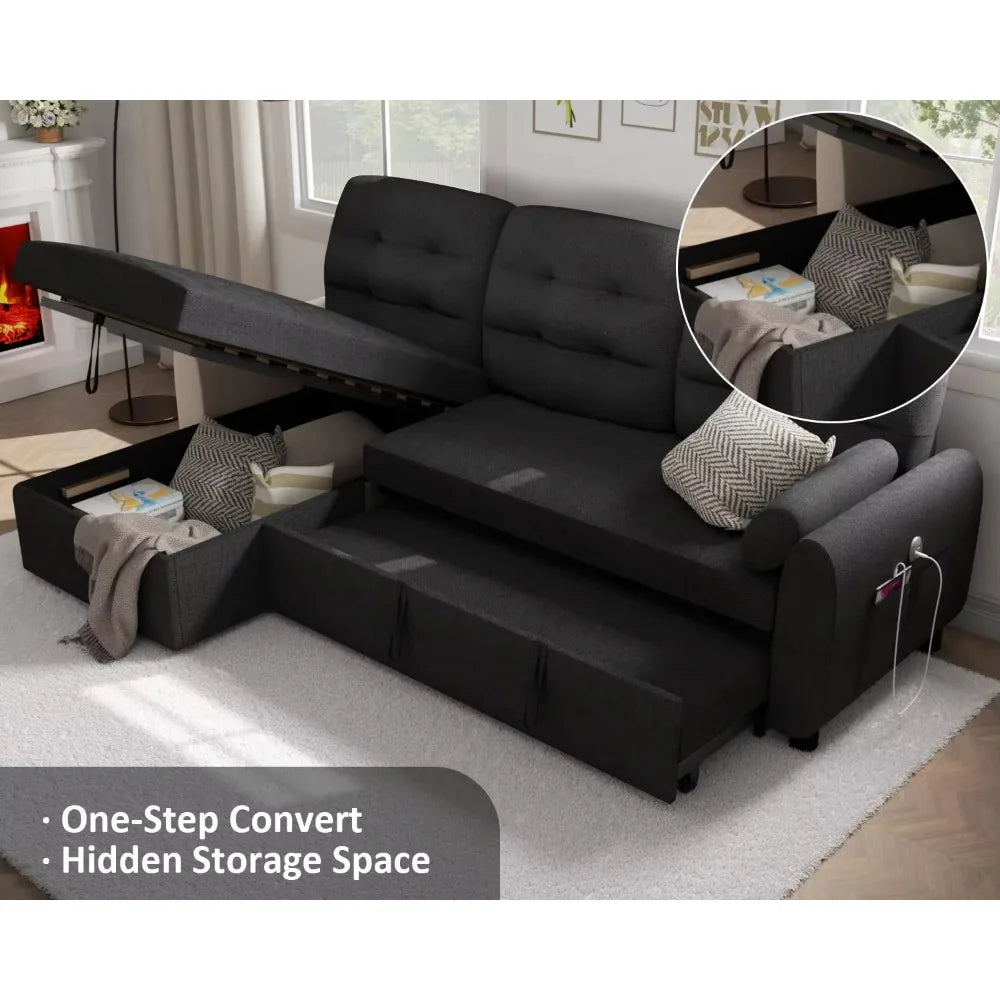 Living Room Sofa, Sectional Sofas, 87" Sleeper Sofa Bed with Side Pocket&Charging Station,Removable Backrest, Living Room Sofa