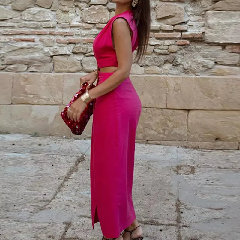 Women's Clothing Temperament Party Long Dress Hollow Design High Waist Summer Dress Elegant Solid Color Slim Office A-line Dress