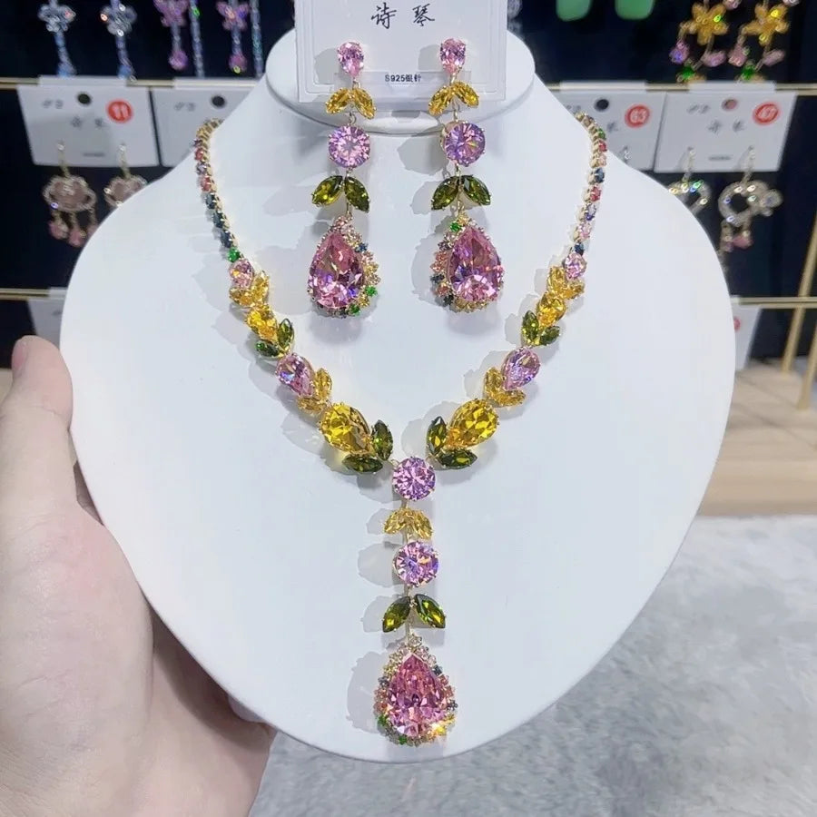 Women Rainbow Gemstone Necklace 18K Gold Plated Waterdrop Zirconia Earrings 2024