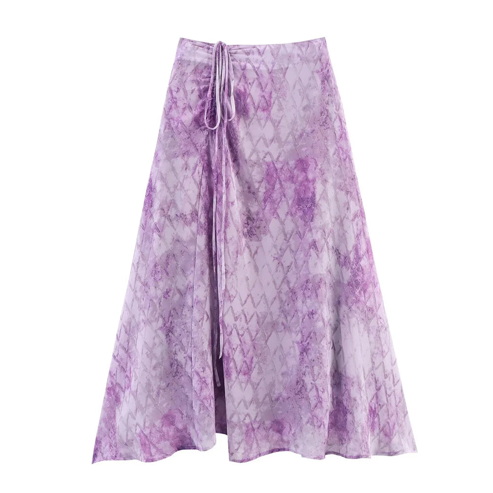 New women's clothing with European and American style fashion, simple, blended print, drawstring chiffon irregular skirt
