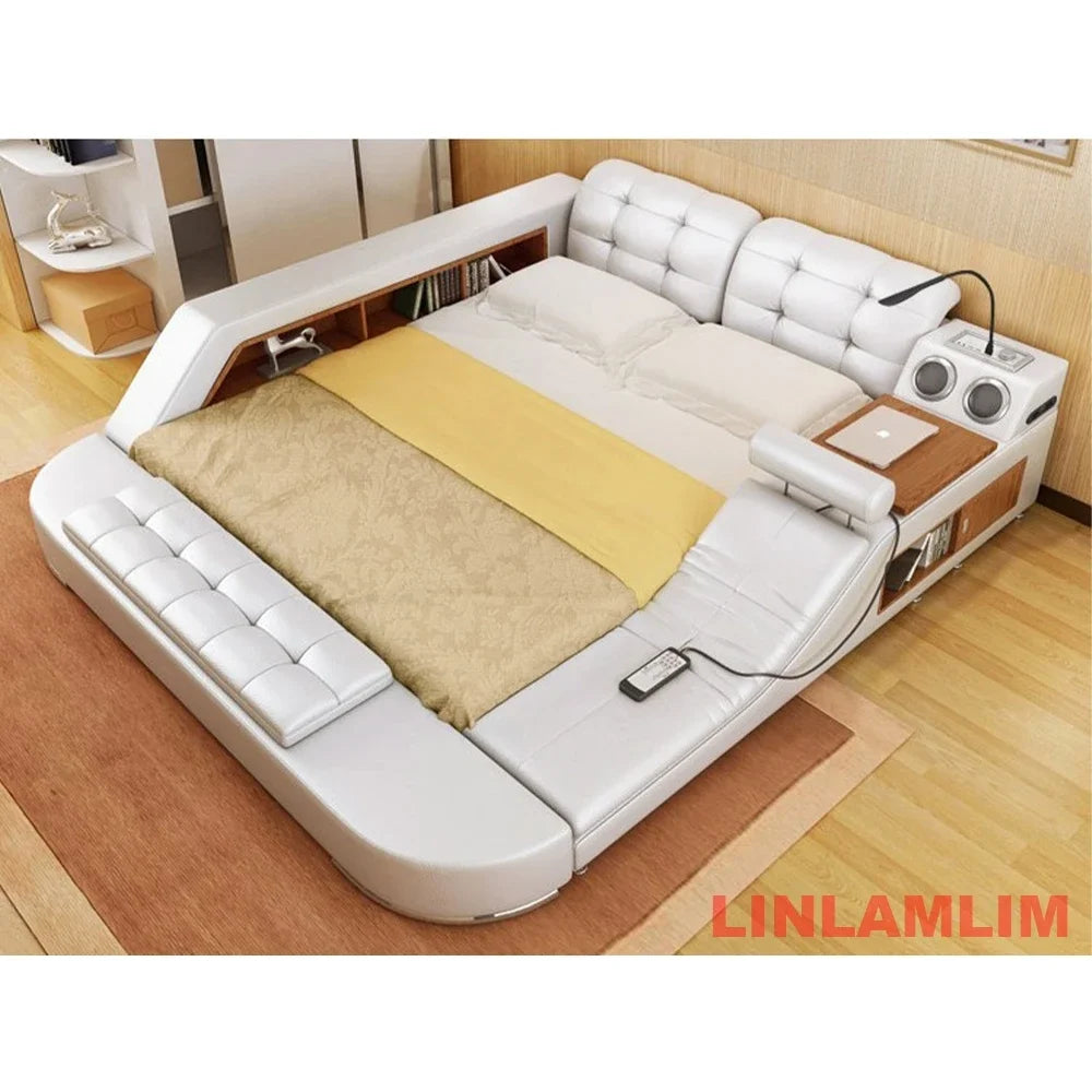 Tech Smart Bed Frame Multifunctional Massage Bed Ultimate Bed, Genuine Leather Tatami Upholstered Bed with Bluetooth Speaker