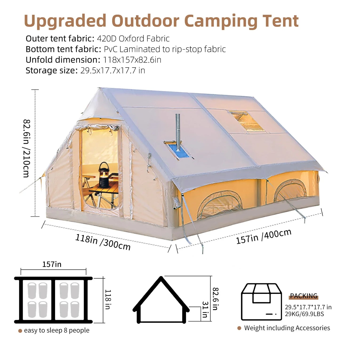 129 Sqft Large inflatable tent with Tarp,8 Person Inflatable Camping Tent 4 Season Glamping Tent Fireproof Blanket Blow up tent