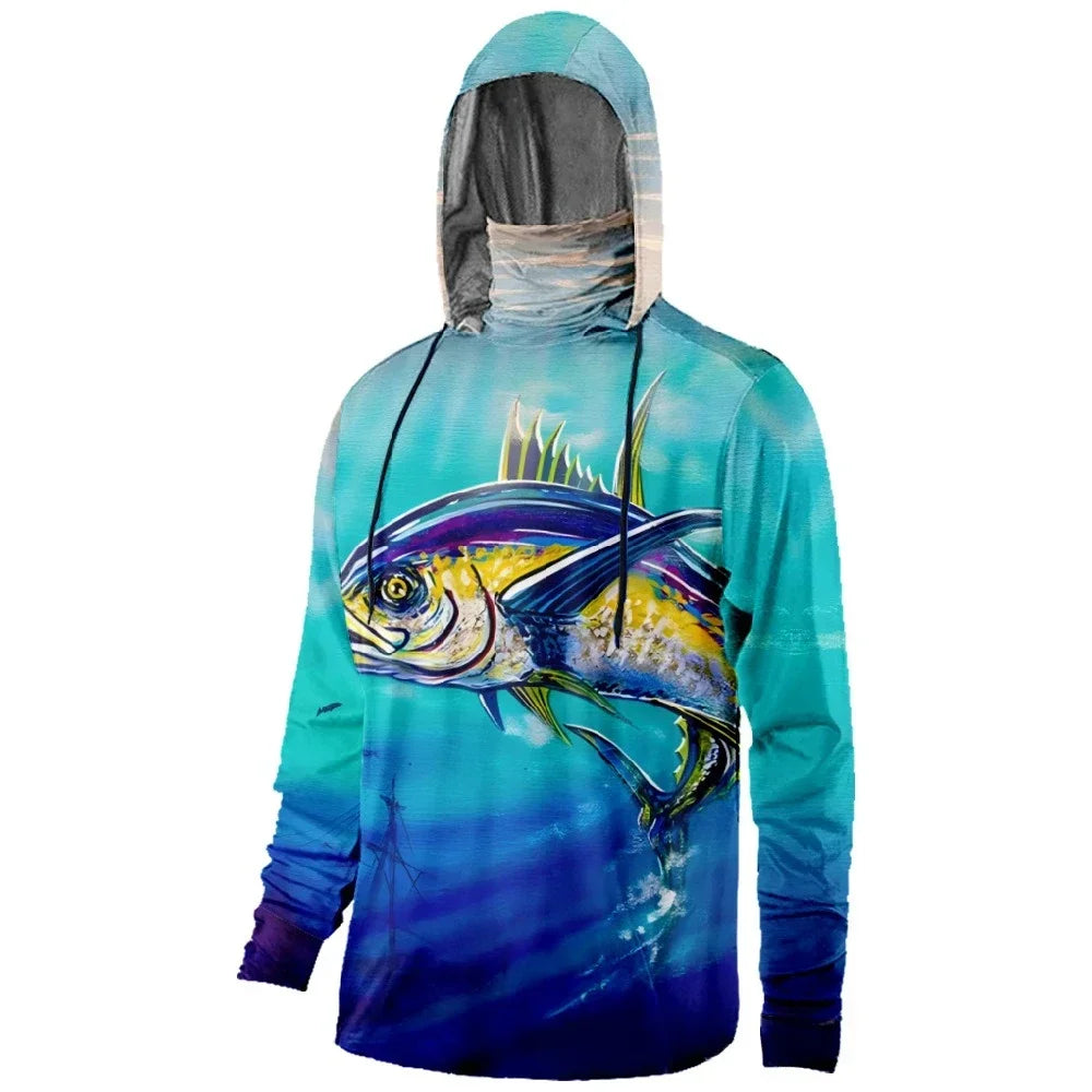 Mens Fishing Clothing Trout Tuna Water Waves Sunset Printed Sun Protection Face Mask Hoodies Outdoor Sports Breathable Clothes